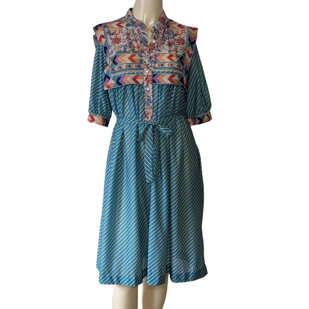 Monica Richards Vintage short sleeve Bohemian‎ Floral Sheer polyester dress 16